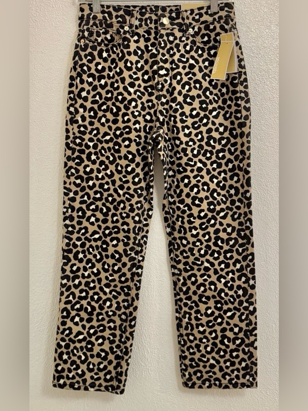 Michael Kors Leopard Print Straight-Leg Jeans in Tan and Black